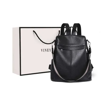 VINEY Top Grain Cow Leather Backpack Large Size Women's Black