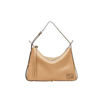 FENDI Calfskin Handbag Shoulder Bag Large Size Women's Beige