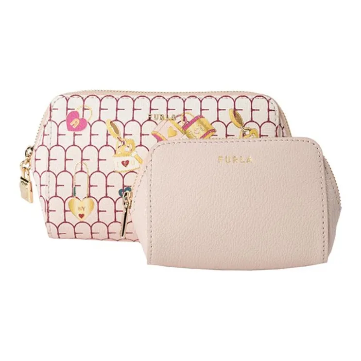 Furla Layered Cow Leather Clutch Makeup Bag Medium Size Women's Pink-1