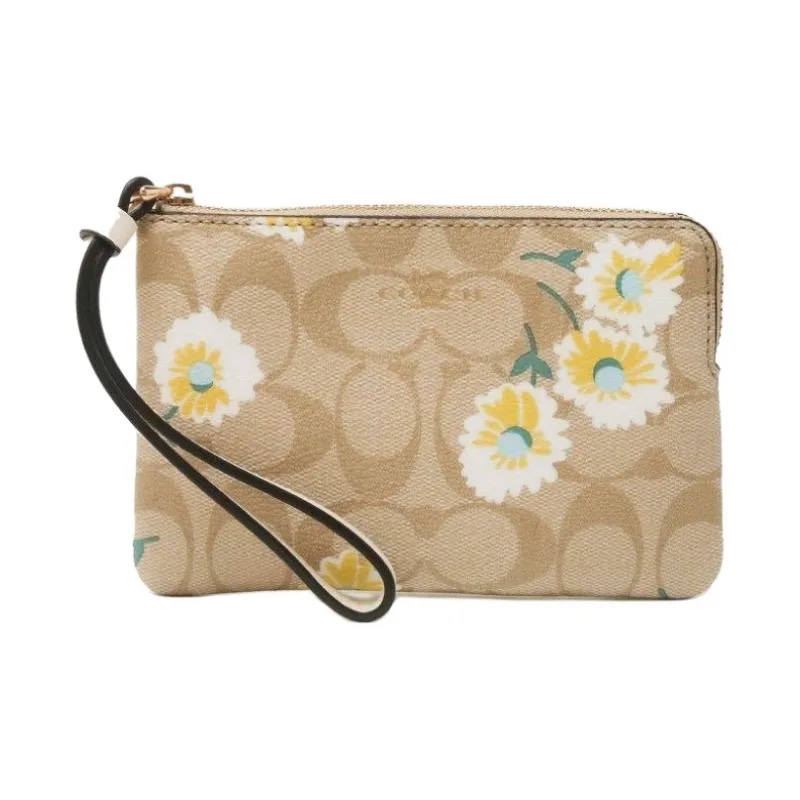 COACH Corner Zip Canvas With Leather Handheld Crossbody Bag Small Size Women's Khaki Monogram-1
