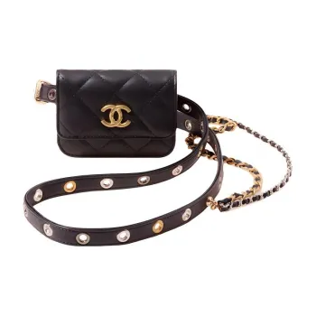 CHANEL 22c Early Spring Sheepskin Sling Bags One Shoulder Crossbody Fanny Pack Women's Black