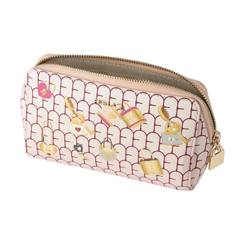 Furla Layered Cow Leather Clutch Makeup Bag Medium Size Women's Pink-3