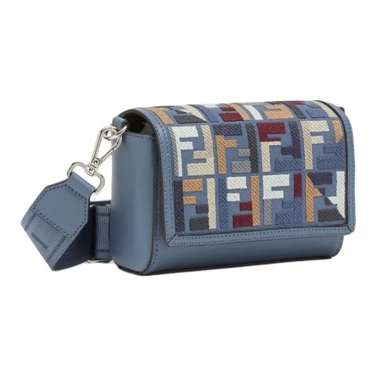 FENDI Calfskin With Canvas Messenger Bag Shoulder Bag Crossbody Bag Handbag Men's Blue-1