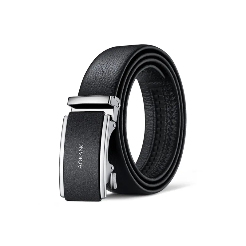 AOKANG Top Grain Cow Leather Belts Men's Silver Gunmetal 3.5cm-1
