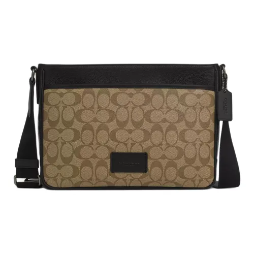 COACH Leather Paneled Canvas Canvas Bag Shoulder Bag Crossbody Bag Large Size Men's Bronze & Khaki & Black