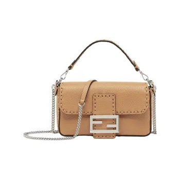 FENDI Baguette Grained Cow Leather Portable Crossbody Bag Shoulder Bag Mini Women's Milk Coffee