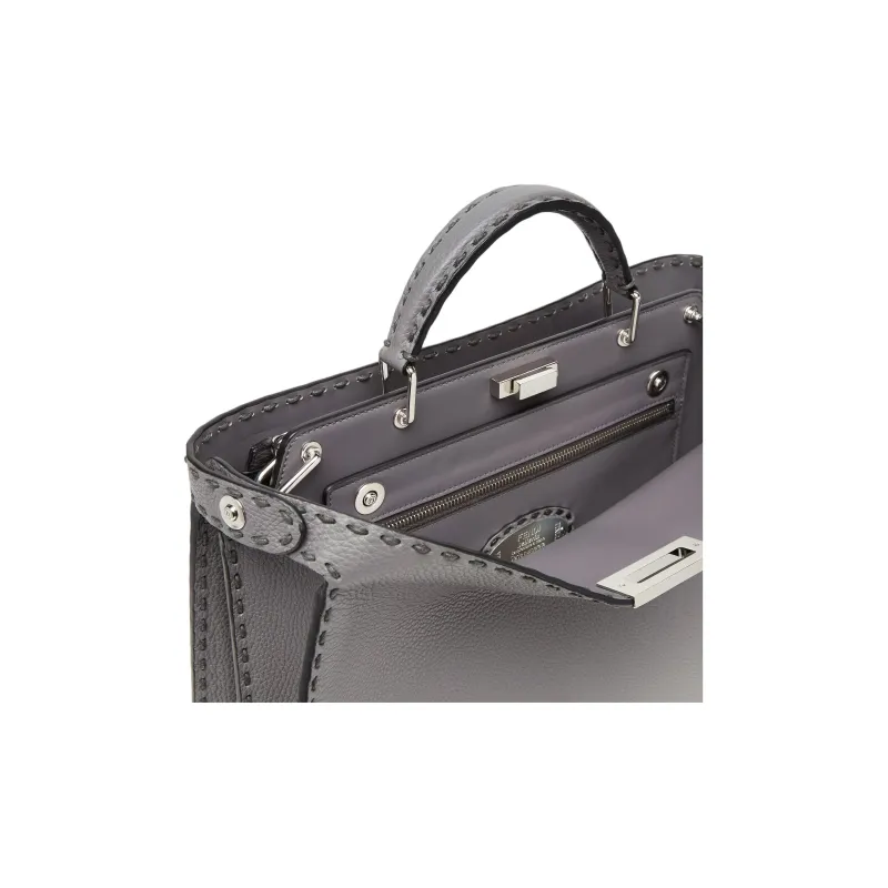 FENDI Peekaboo ISeeU Calfskin With Canvas Shoulder Bag Crossbody Bag Handbag Medium Size Men's Gray-4