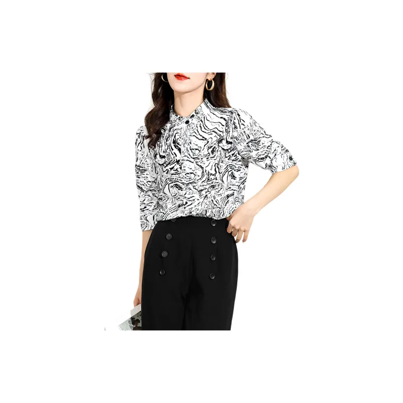 Wbwq Shirt Women's Black And White Floral-1