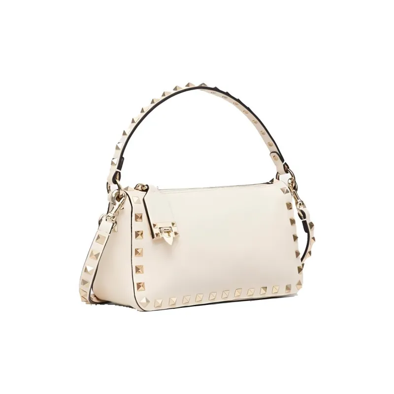 Valentino Rockstud Grain Calfskin Baguette Bag, One Shoulder Handbag Trumpets Women's White-1