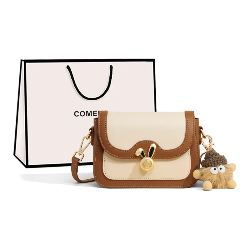COMELY Cow Leather Shoulder Bag, Crossbody Bag Small Size Women's White & Khaki-0