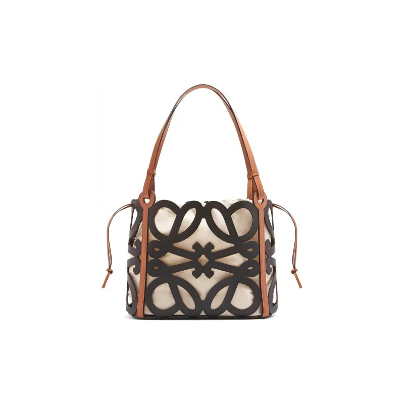 LOEWE Cow Leather Canvas Tote Bag Shopping Bag Handbag Shoulder Bag Small Size Women's Black-0