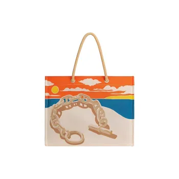 HERMES Canvas Canvas Bag Tote Bag Shopping Bag Handbag Women's Beige & Multicolor