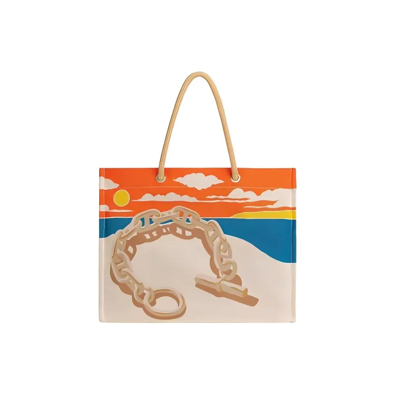 HERMES Canvas Canvas Bag Tote Bag Shopping Bag Handbag Women's Beige & Multicolor-0