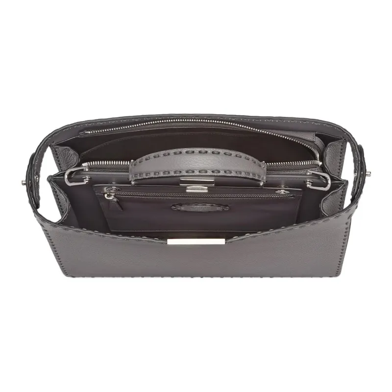 FENDI Peekaboo ISeeU Calfskin With Canvas Shoulder Bag Crossbody Bag Handbag Medium Size Men's Gray-3