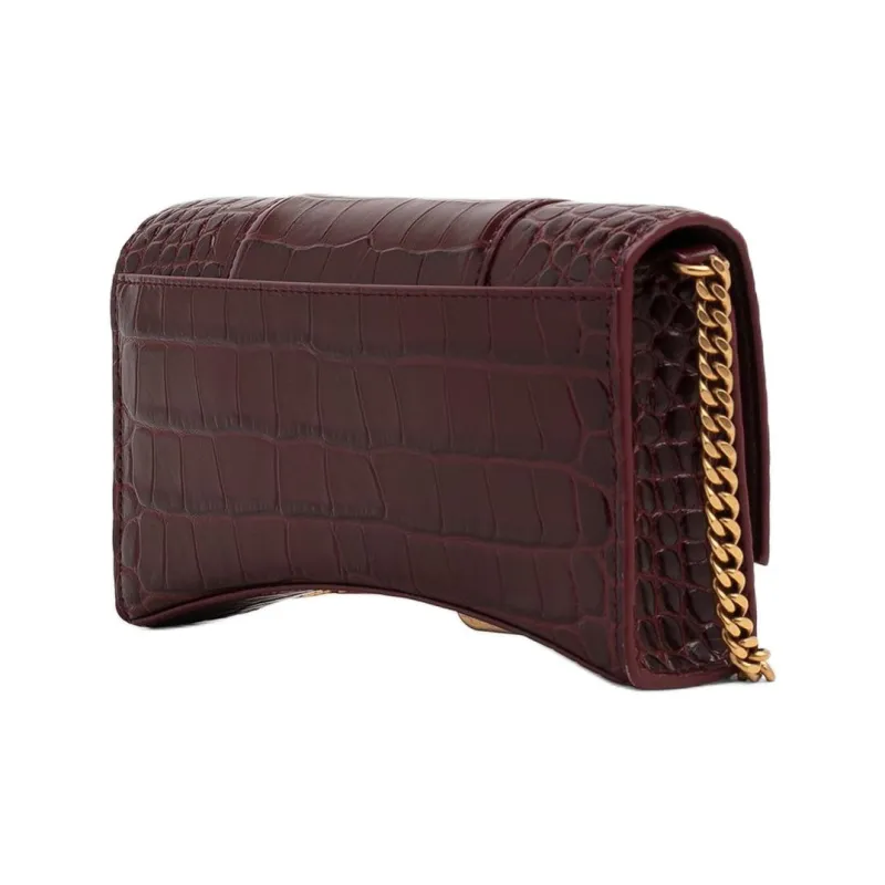 Balenciaga Hourglass Crocodile Embossed Leather Shoulder Bag Crossbody Bag Wallet Women's Burgundy-1