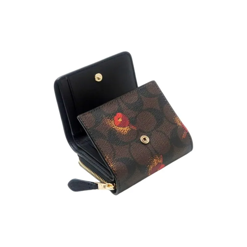 COACH Trifold Wallet PVC Coated With Leather Wallet Mini Women's Brown-1