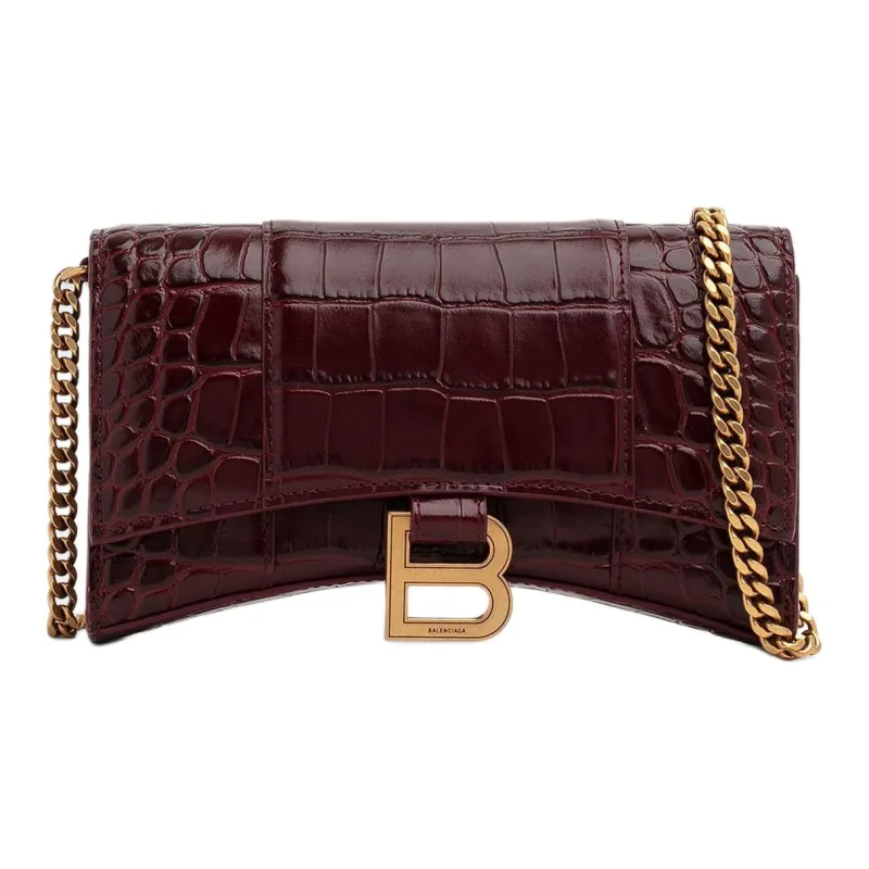 Balenciaga Hourglass Crocodile Embossed Leather Shoulder Bag Crossbody Bag Wallet Women's Burgundy-0