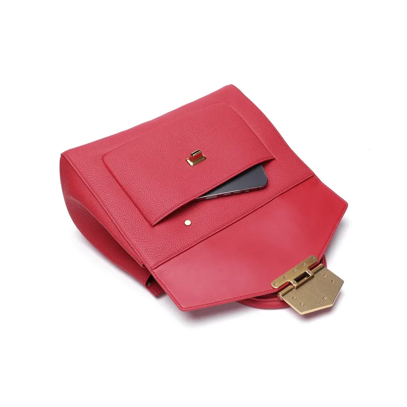 Satchi Top Grain Cow Leather Handbag Crossbody Bag Medium Size Women's Yellow Brown/Red-4