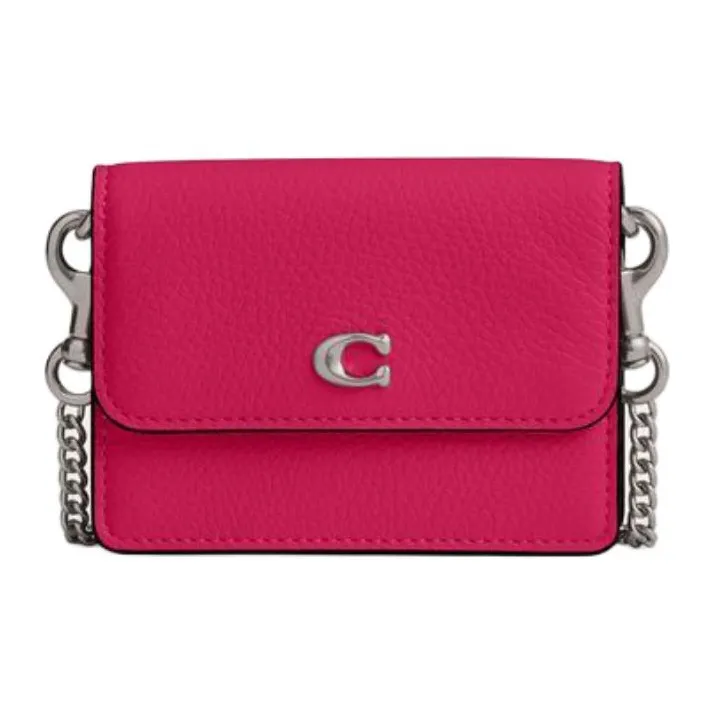 COACH Flap Card Case Cow Leather Shoulder Bag Crossbody Bag Wallet Card Holder Mini Women's Rose Red-0