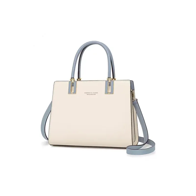 PIERPOLO Split Cow Leather Handbag, Small Square Bag, Shoulder Bag, Crossbody Bag Large Size Women's Apricot/Ecru/Blue-4