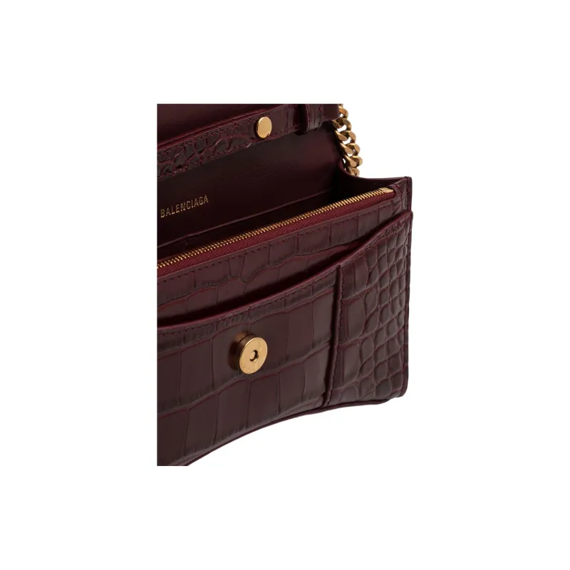 Balenciaga Hourglass Crocodile Embossed Leather Shoulder Bag Crossbody Bag Wallet Women's Burgundy-3