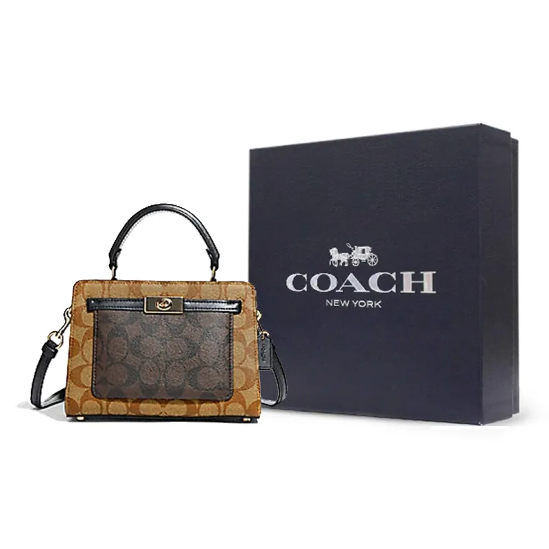 COACH Lane Canvas With Leather Handbags Shoulder Bag Crossbody Bag Small Size Women's Brown & Khaki-7