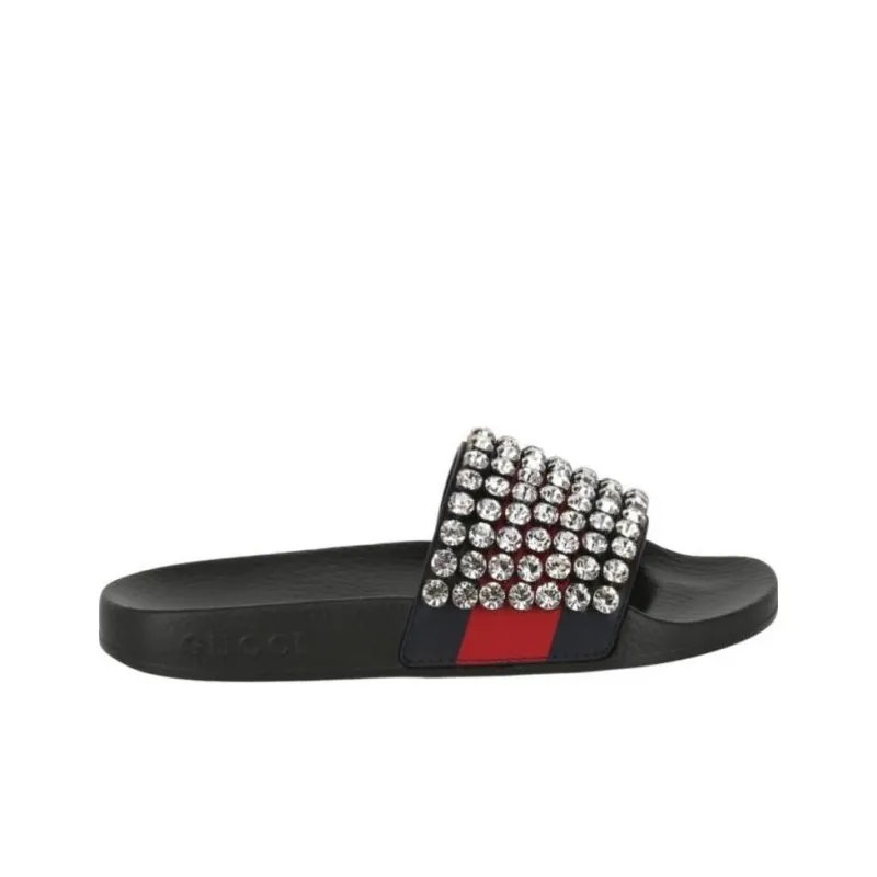 GUCCI Crystal Embellished Web Slide Black Blue Red Women's-1