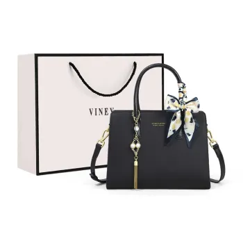 VINEY Cow Leather Handbag Crossbody Bag Shoulder Bag Mom Bag Large Size Women's Black/Ecru