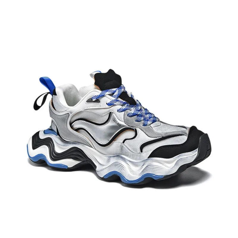 OUBT Distressed Vintage Streetwear Sneakers Low Top Chunky Sneakers Unisex White Silver-5