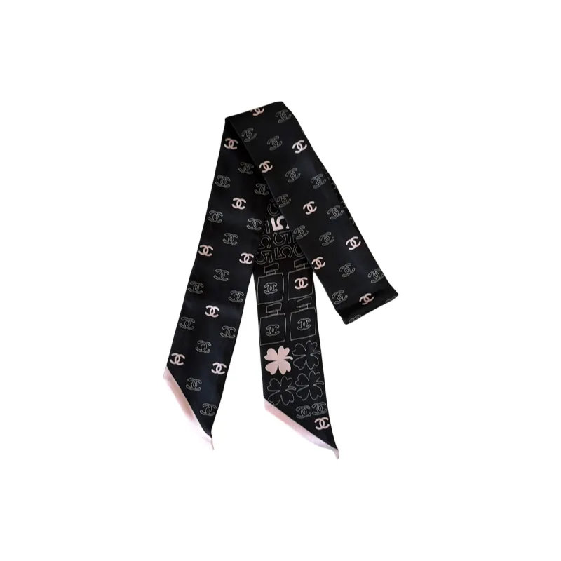CHANEL Mulberry Silk Scarves Unisex Black-3