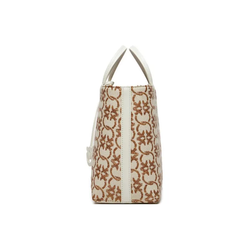 PINKO Polyethylene With Polyurethane And Cow Leather Patchwork Tote Bag Shopping Bag Handbag Small Size Women's Beige-1