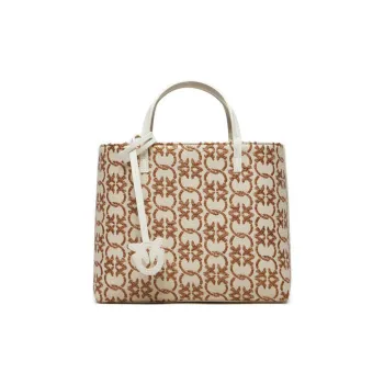 PINKO Polyethylene With Polyurethane And Cow Leather Patchwork Tote Bag Shopping Bag Handbag Small Size Women's Beige