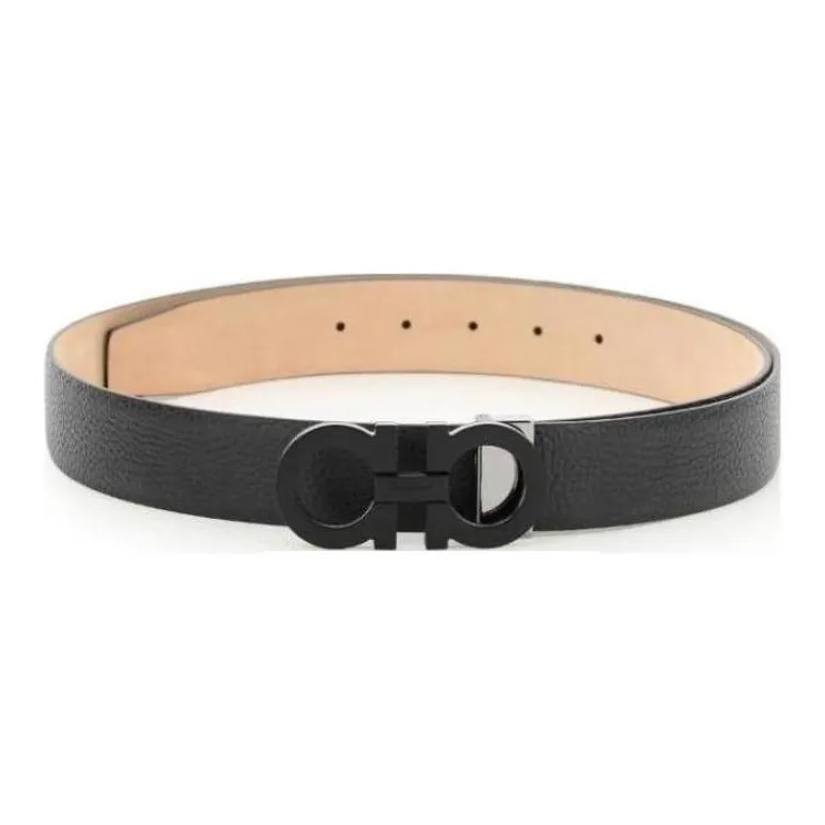 FERRAGAMO Imitation Crocodile Pattern Metal Leather Belts Men's Black Width 3.5CM-1