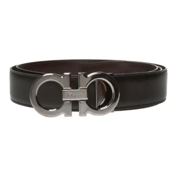 FERRAGAMO Badge Print Design Calfskin Leather Belts Men's Black Width 3.5CM