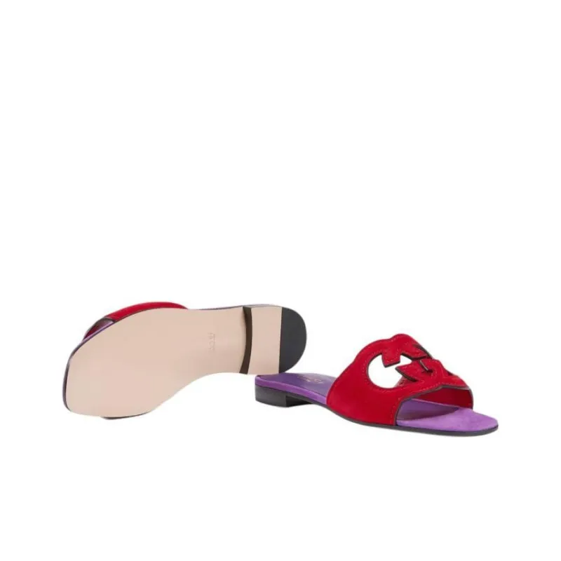 GUCCI Interlocking G Cut Slide Sandal Red Purple Suede-5