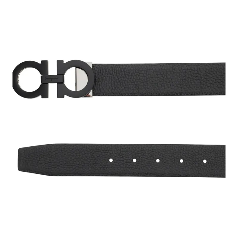 FERRAGAMO Imitation Crocodile Pattern Metal Leather Belts Men's Black Width 3.5CM-2
