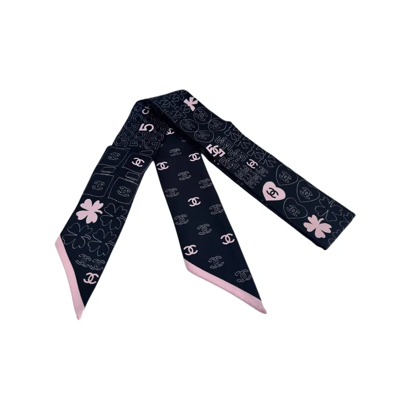 CHANEL Mulberry Silk Scarves Unisex Black-2