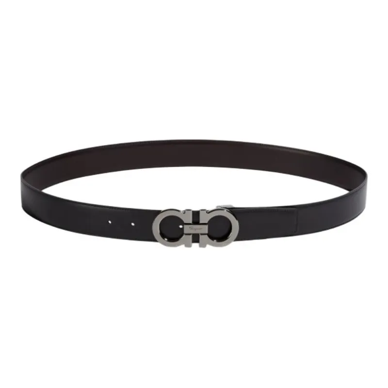 FERRAGAMO Badge Print Design Calfskin Leather Belts Men's Black Width 3.5CM-2