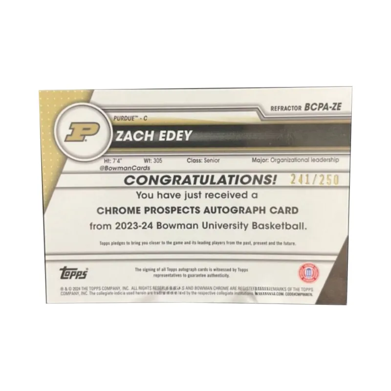 Topps 2024 Bowman Zach Edey University Zach Edey Zhou Zihao Signature 241/250 Silver Fold Card Pass Sports Cards 1 Pc-1