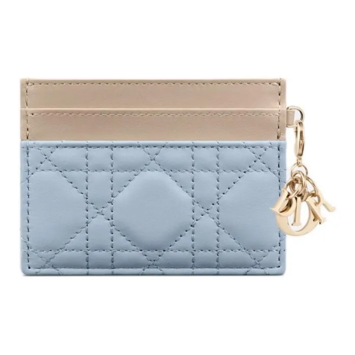 DIOR Lady Dior Lambskin Card Clip Card Holder Women's Light Blue & Pink Beige-1
