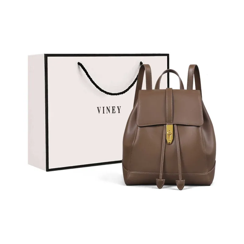 VINEY Cow Split Leather Bonded Synthetic Leather Backpack Large Size Women's White & Coffee-2