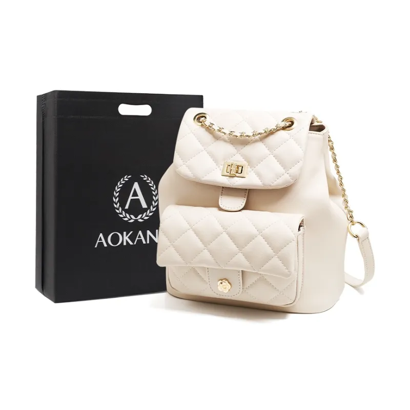 AOKANG Cow Leather Backpack, Diamond Pattern Chain Bag, Commuter Bag Medium Size Women's Classic Black/Ecru-4