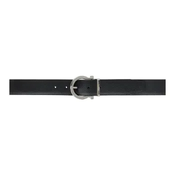 FERRAGAMO Badge Brogues Design Calfskin Hardware Leather Belts Men's Black Width: 4CM