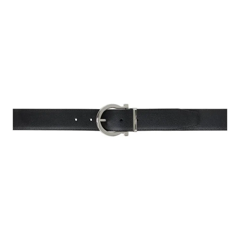 FERRAGAMO Badge Brogues Design Calfskin Hardware Leather Belts Men's Black Width: 4CM-0