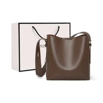 VINEY Cow Leather Patchwork Synthetic Leather Shoulder Bag Crossbody Bag Bucket Bag Large Size Women's Coffee
