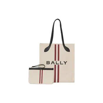 BALLY Fabric Cow Leather Patchwork Tote Tot Bag Shopping Bag One Shoulder Handbag Large Size Women's Natural