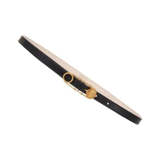 VERSACE Logo Design Smooth Buckle Genuine Leather Leather Belts Women's Black Width 1.6CM-1