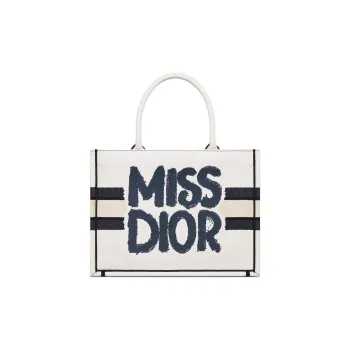 DIOR Embroidery Tote Bag, Shopping Bag, Handbag Medium Size Women's White & Blue