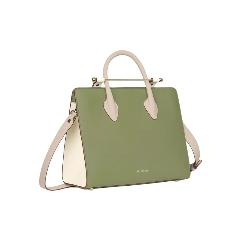Strathberry Calfskin Tote Bag Shopping Bag Shoulder Bag Crossbody Bag Handbag Medium Size Women's Green & White-1