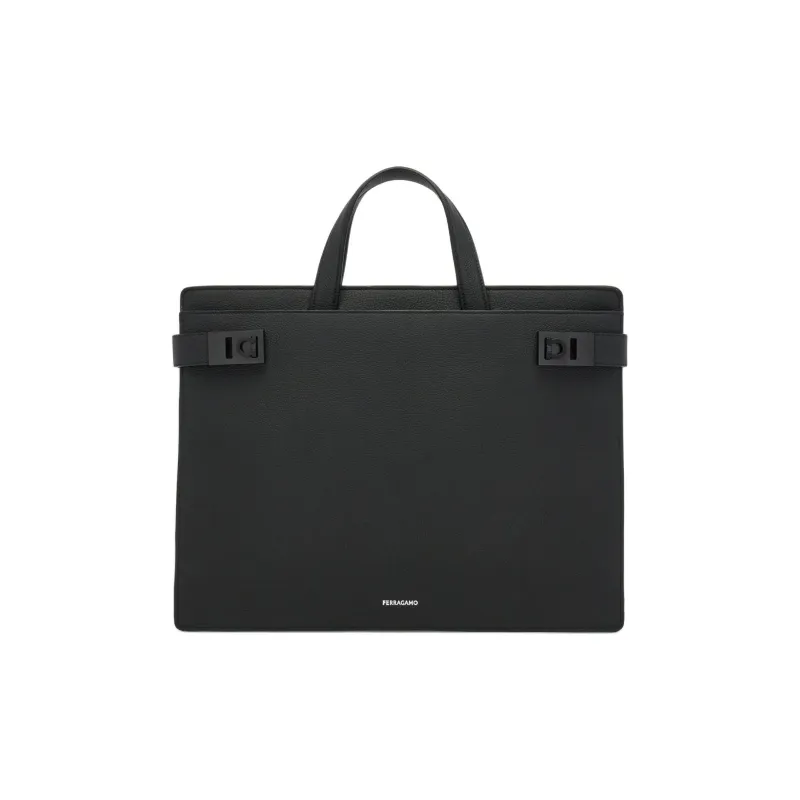 FERRAGAMO GANCINI Grain Hammered Texture Cow Leather Portable Briefcase Men's Black-0